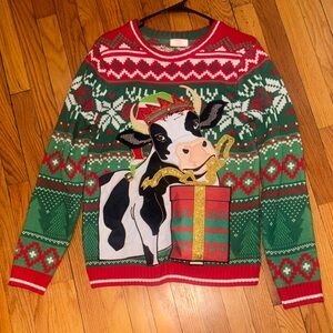 Holiday Time Cow Christmas Sweater - Red and Green